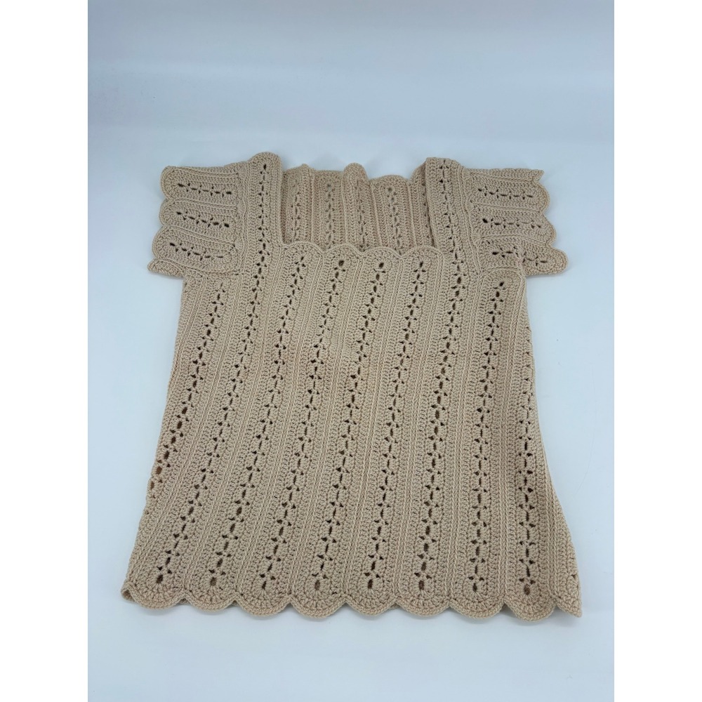 Women's Beige Crochet Knit Square Neck Short Sleeve Top handmade